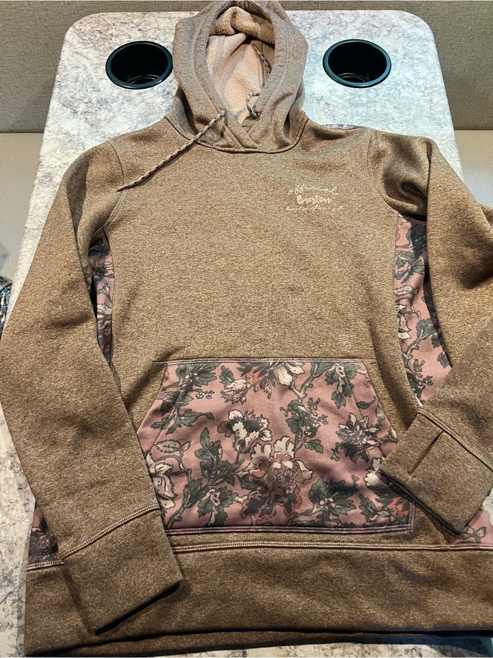 Burton Durable Goods woman’s Brown Floral Fleece Pullover Hoodie Pockets S # 744
